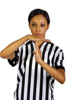 young African American female referee with hand signals.  isolated on a white background.